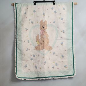 VTG Precious Moments Kangaroo Joey Quilted Baby Crib Blanket Bluebirds Ruffle